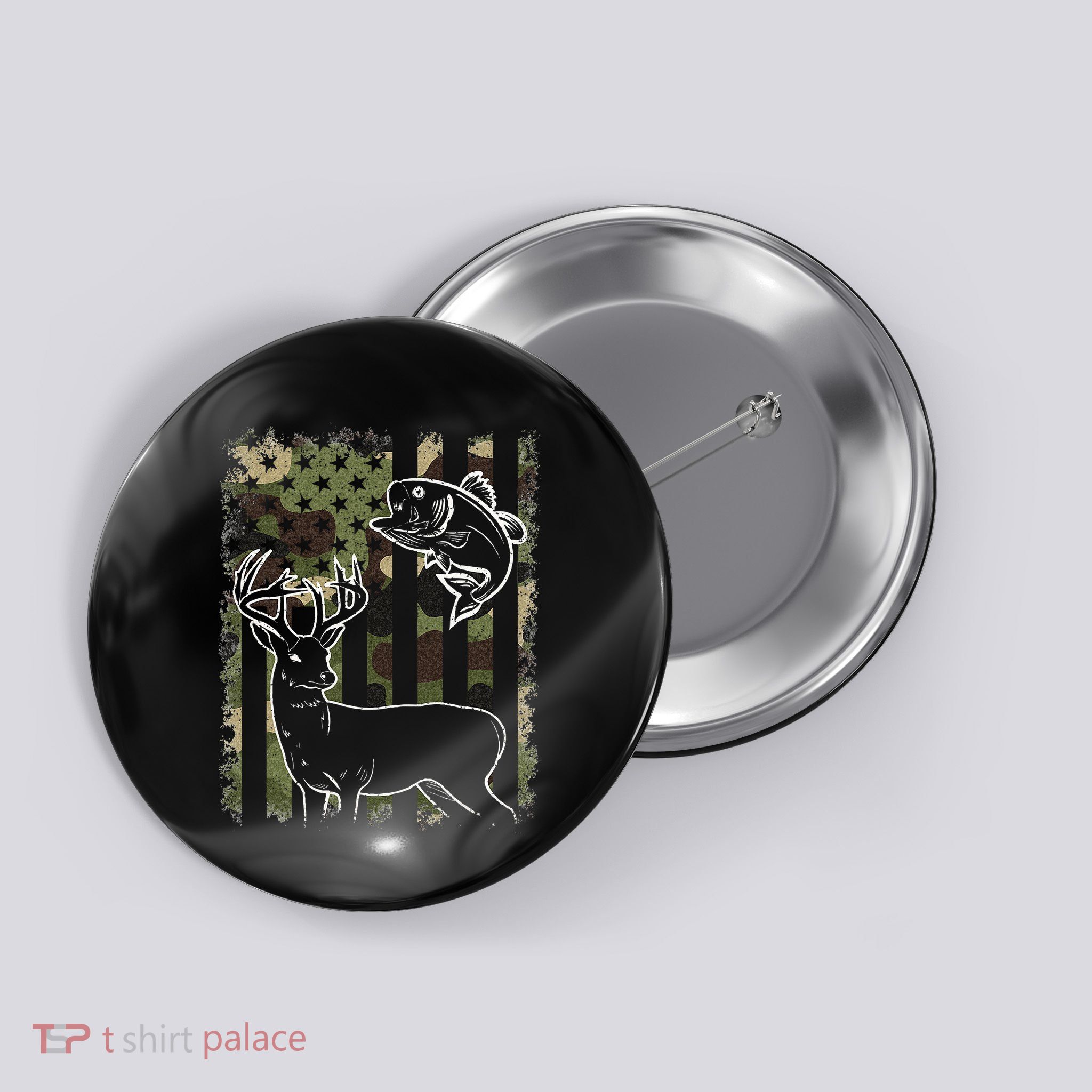 Camouflage American Flag Fishing Hunting Hunter Deer Fish Button