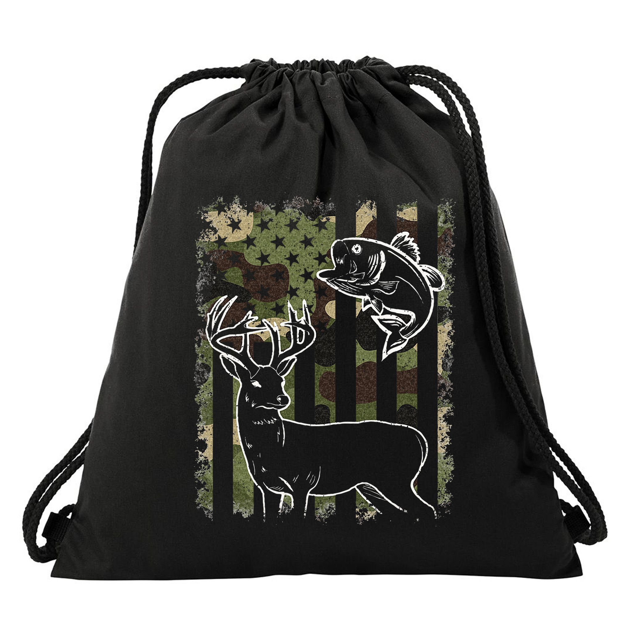 Camouflage American Flag Fishing Hunting Hunter Deer Fish Drawstring Bag
