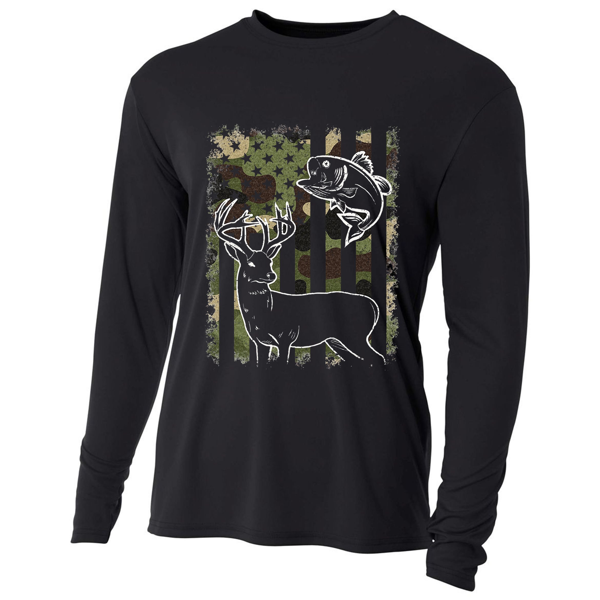 Camouflage American Flag Fishing Hunting Hunter Deer Fish Cooling Performance Long Sleeve Crew