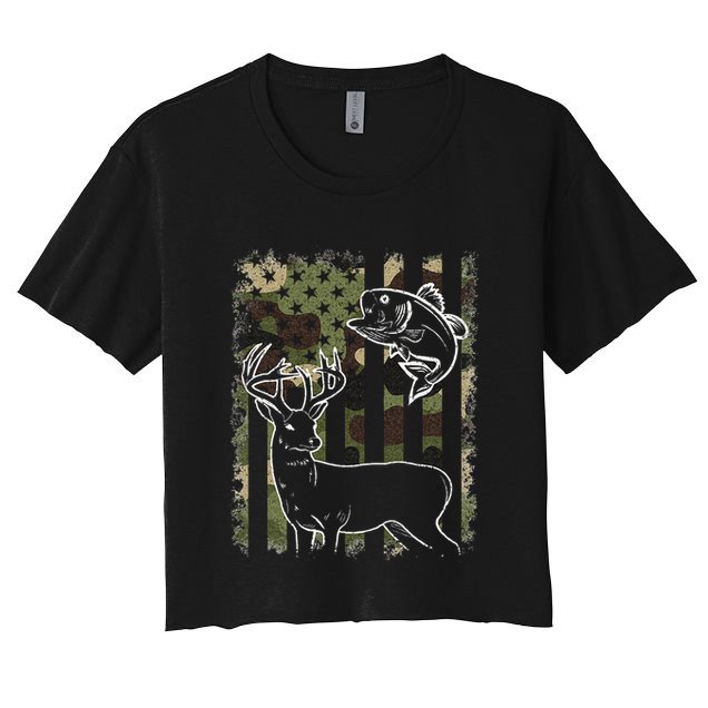 Camouflage American Flag Fishing Hunting Hunter Deer Fish Crop Top