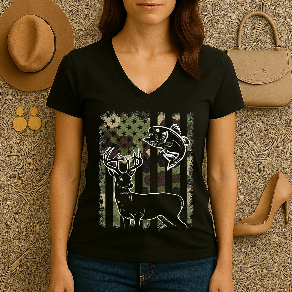 Camouflage American Flag Fishing Hunting Hunter Deer Fish Women's V-Neck T-Shirt