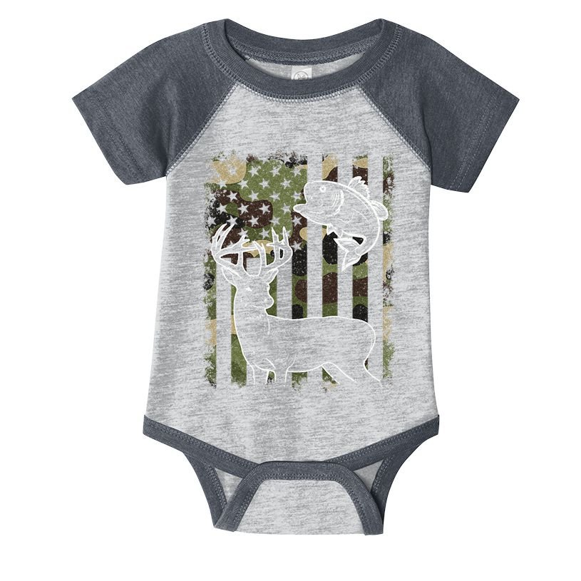 Camouflage American Flag Fishing Hunting Hunter Deer Fish Infant Baby Jersey Bodysuit