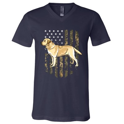 Camo American Flag Yellow Labrador Retriever 4th Of July USA V-Neck T-Shirt