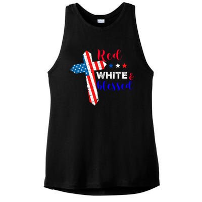 Cross American Flag Red White Blessed Believer God Usa Meaningful Gift Ladies PosiCharge Tri-Blend Wicking Tank