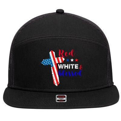 Cross American Flag Red White Blessed Believer God Usa Meaningful Gift 7 Panel Mesh Trucker Snapback Hat