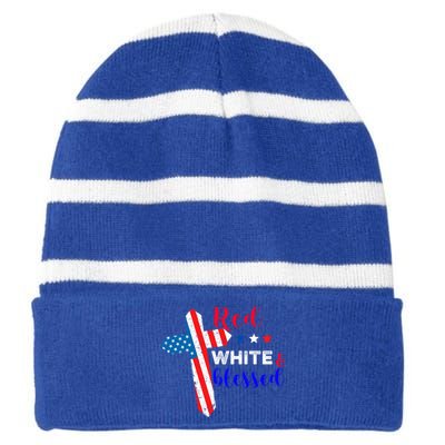 Cross American Flag Red White Blessed Believer God Usa Meaningful Gift Striped Beanie with Solid Band