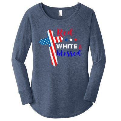 Cross American Flag Red White Blessed Believer God Usa Meaningful Gift Women's Perfect Tri Tunic Long Sleeve Shirt