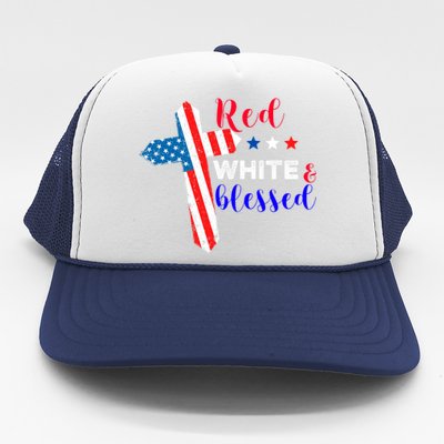 Cross American Flag Red White Blessed Believer God Usa Meaningful Gift Trucker Hat