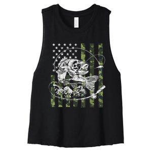 Camouflage American Flag Fishing Gifts Women's Racerback Cropped Tank