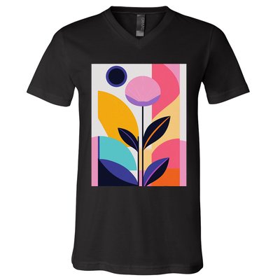 Colorful Abstract Floral Print Top Cute Casual Summer V-Neck T-Shirt