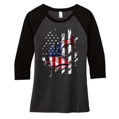 Catfishing American Flag Catfish Angler Fisherman Women's Tri-Blend 3/4-Sleeve Raglan Shirt