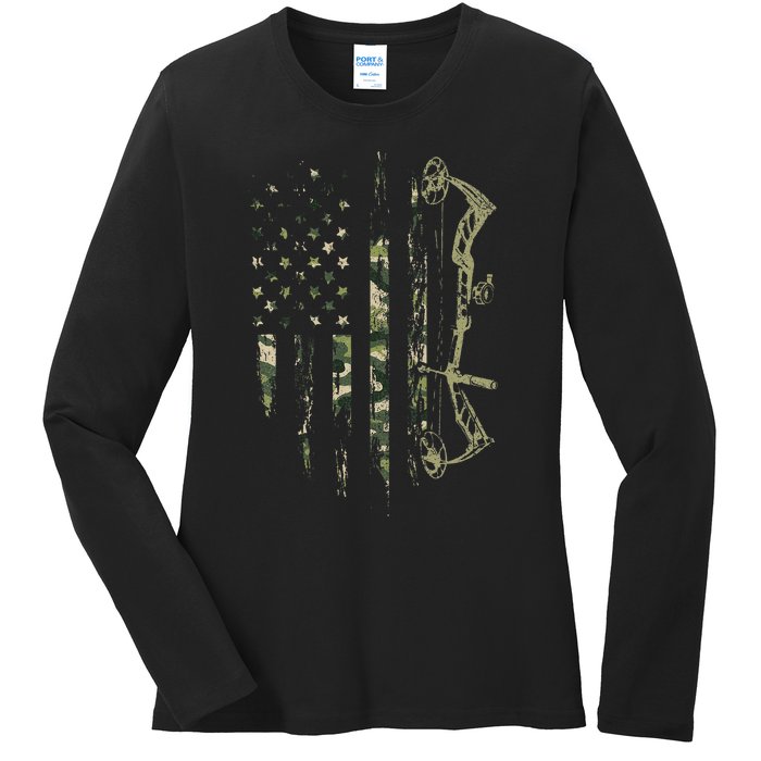 Camo American Flag Bowhunting Bow Archery Deer Hunting Gift Ladies Long Sleeve Shirt