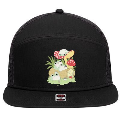 Cottagecore Aesthetic Frog Lying on Mushroom 7 Panel Mesh Trucker Snapback Hat