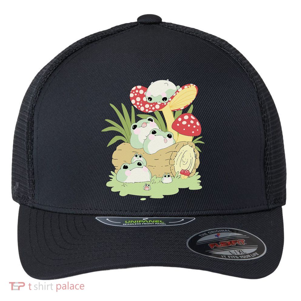 Cottagecore Aesthetic Frog Lying on Mushroom Flexfit Unipanel Trucker Cap