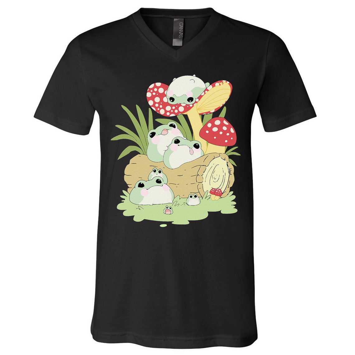 Cottagecore Aesthetic Frog Lying on Mushroom V-Neck T-Shirt