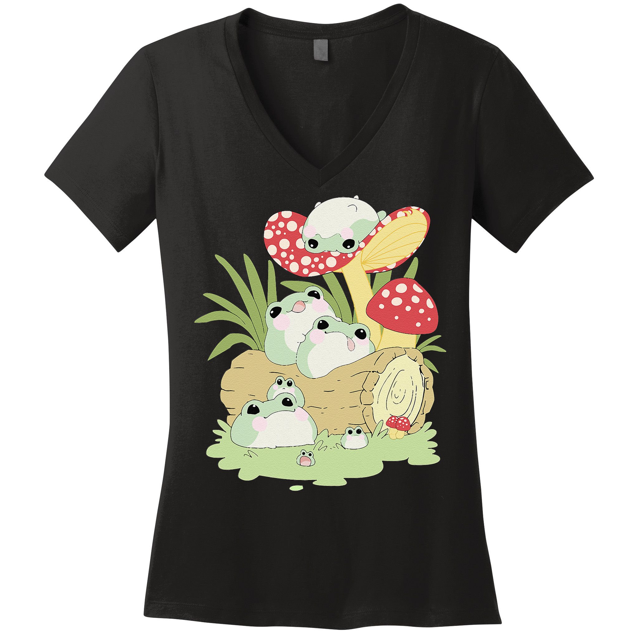 Cottagecore Aesthetic Frog Lying on Mushroom Women's V-Neck T-Shirt