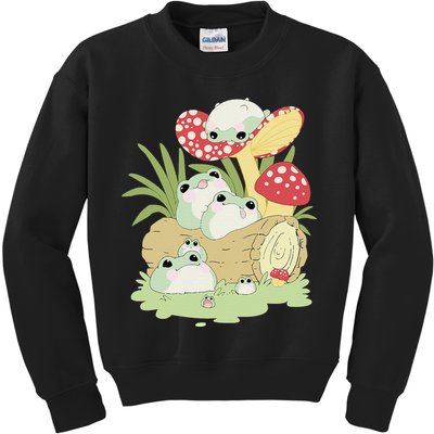 Cottagecore Aesthetic Frog Lying on Mushroom Kids Sweatshirt
