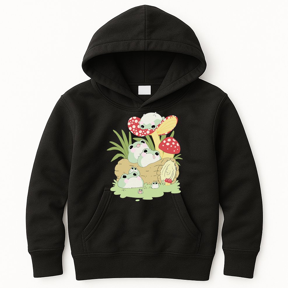 Cottagecore Aesthetic Frog Lying on Mushroom Kids Hoodie