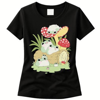 Cottagecore Aesthetic Frog Lying on Mushroom Cute Frog Lover Womens T-Shirt