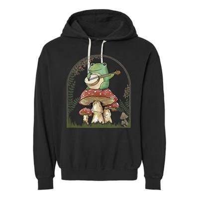 Cottagecore Aesthetic Frog Playing Banjo on Mushroom Cute Garment-Dyed Fleece Hoodie