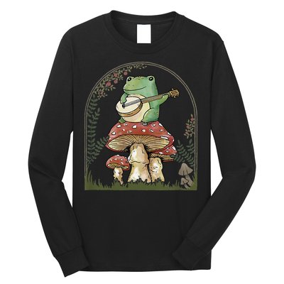 Cottagecore Aesthetic Frog Playing Banjo on Mushroom Cute Long Sleeve Shirt