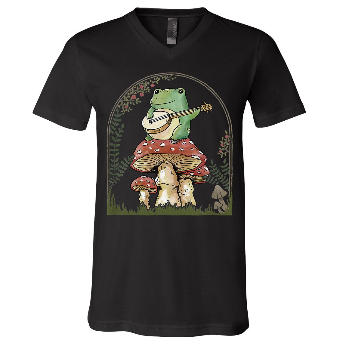 Cottagecore Aesthetic Frog Playing Banjo on Mushroom Cute V-Neck T-Shirt
