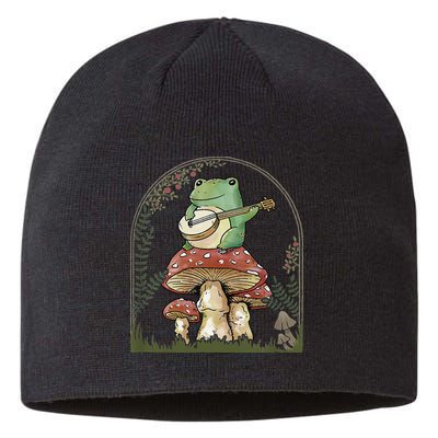 Cottagecore Aesthetic Frog Playing Banjo on Mushroom Cute Sustainable Beanie