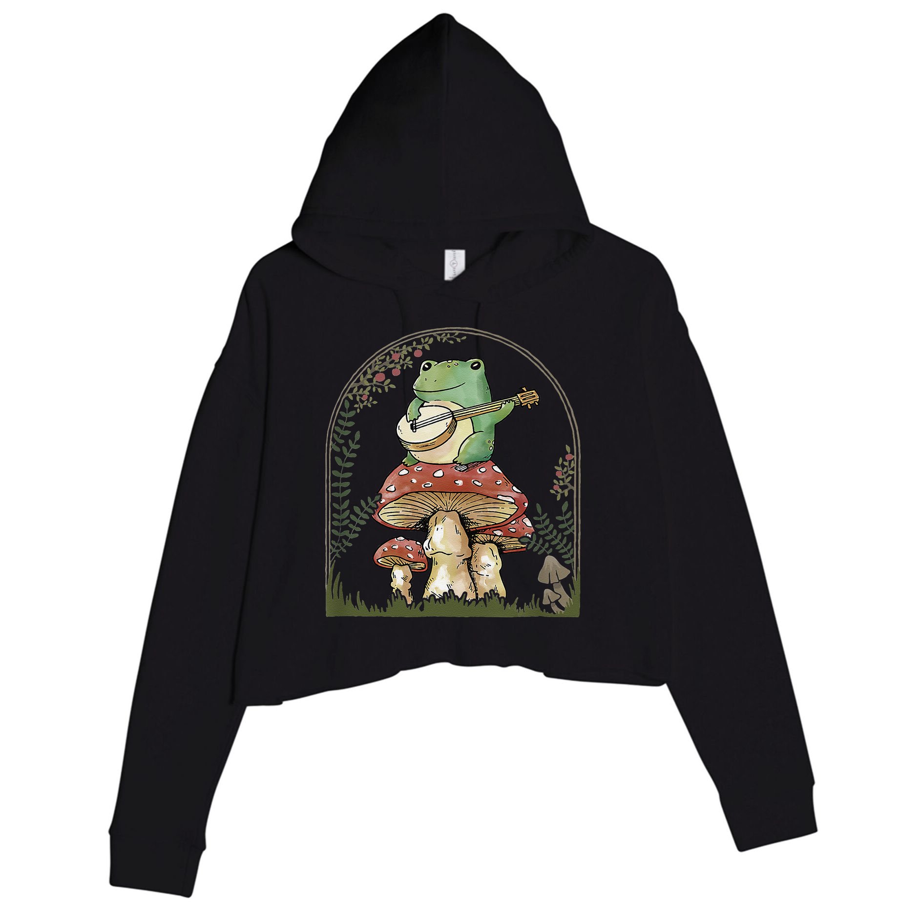 Cottagecore Aesthetic Frog Playing Banjo on Mushroom Cute Crop Fleece Hoodie