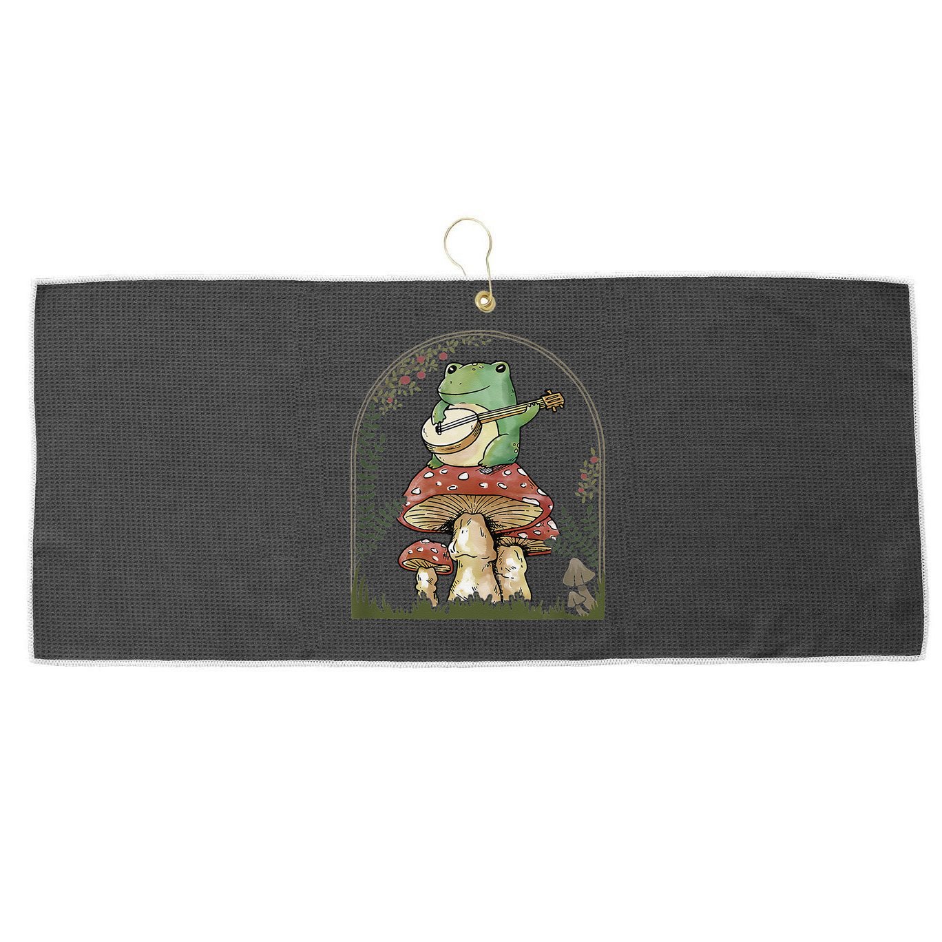 Cottagecore Aesthetic Frog Playing Banjo on Mushroom Cute Large Microfiber Waffle Golf Towel
