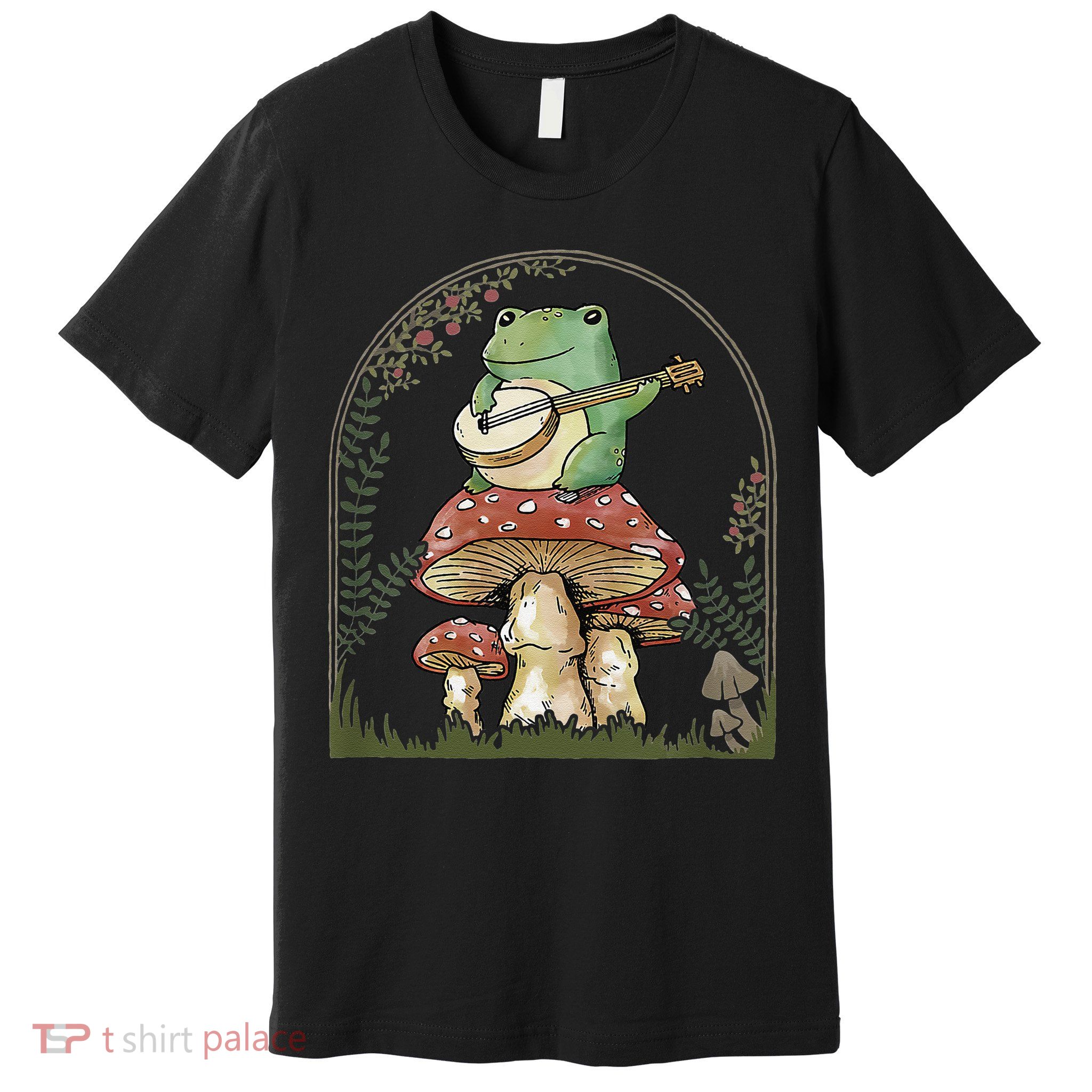 Cottagecore Aesthetic Frog Playing Banjo on Mushroom Cute Premium T-Shirt