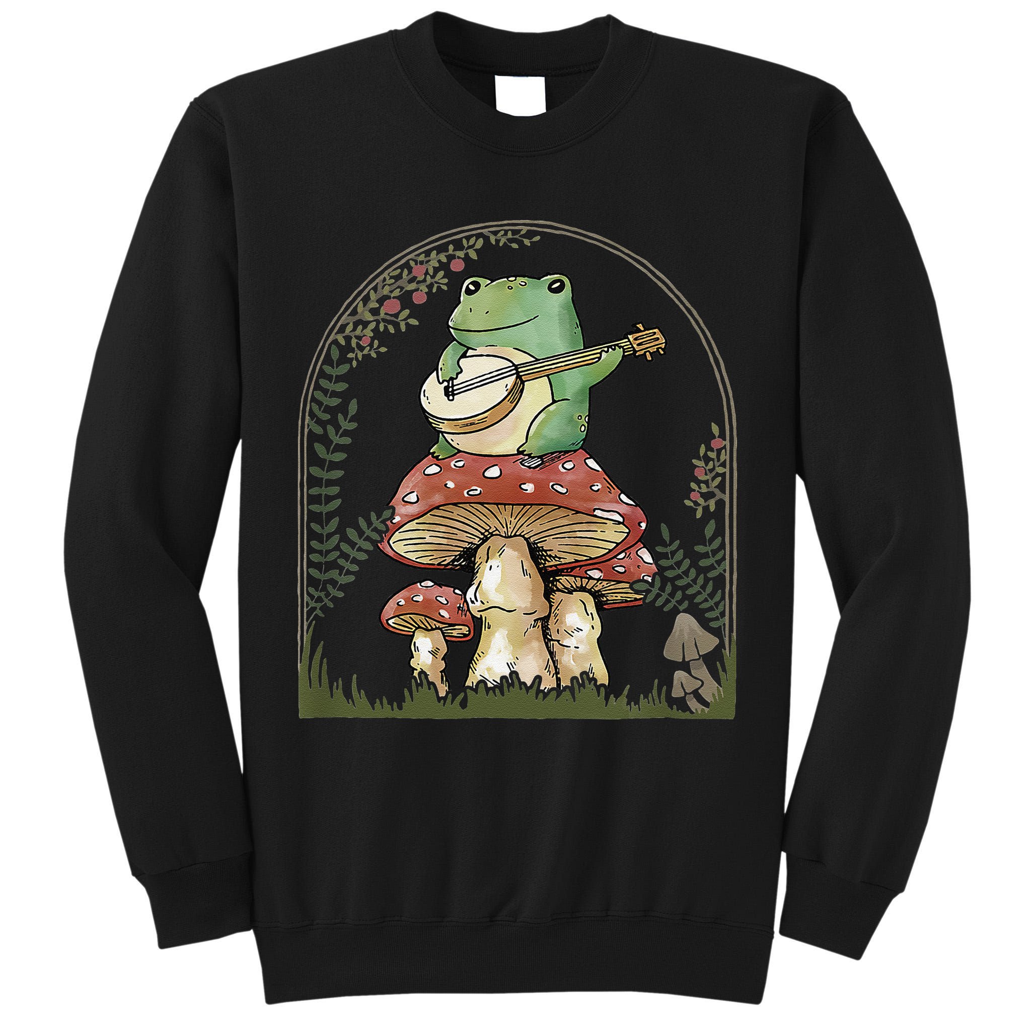 Cottagecore Aesthetic Frog Playing Banjo on Mushroom Cute Tall Sweatshirt