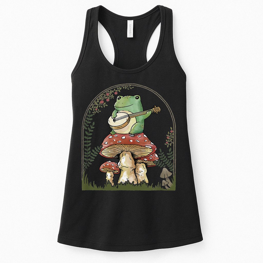 Cottagecore Aesthetic Frog Playing Banjo on Mushroom Cute Womens Tank Top