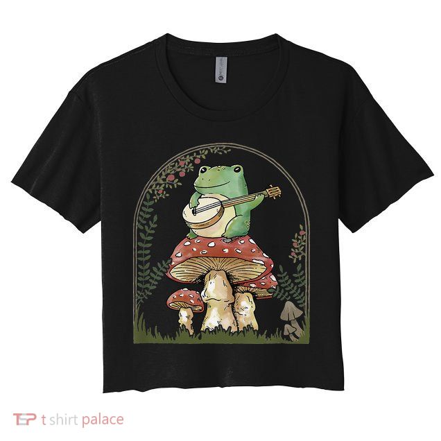 Cottagecore Aesthetic Frog Playing Banjo on Mushroom Cute Crop Top