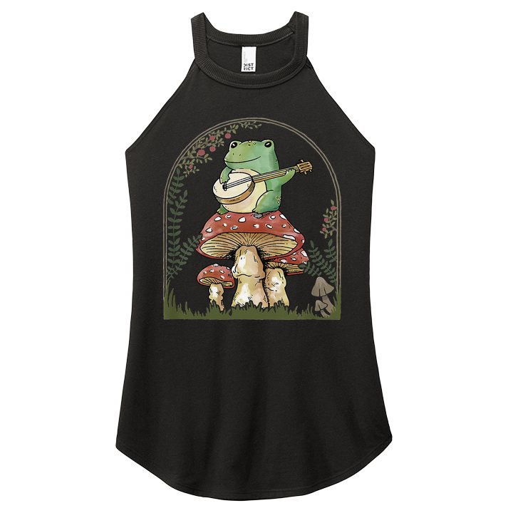 Cottagecore Aesthetic Frog Playing Banjo on Mushroom Cute Women's Perfect Tri Rocker Tank
