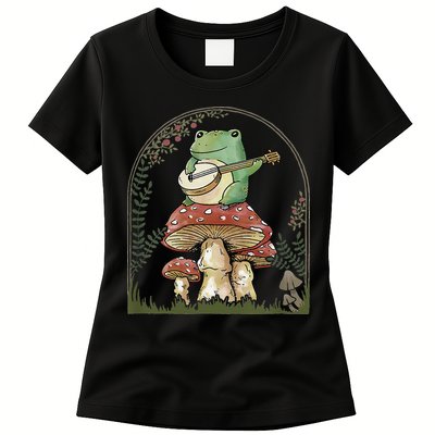 Cottagecore Aesthetic Frog Playing Banjo on Mushroom Cute Womens T-Shirt