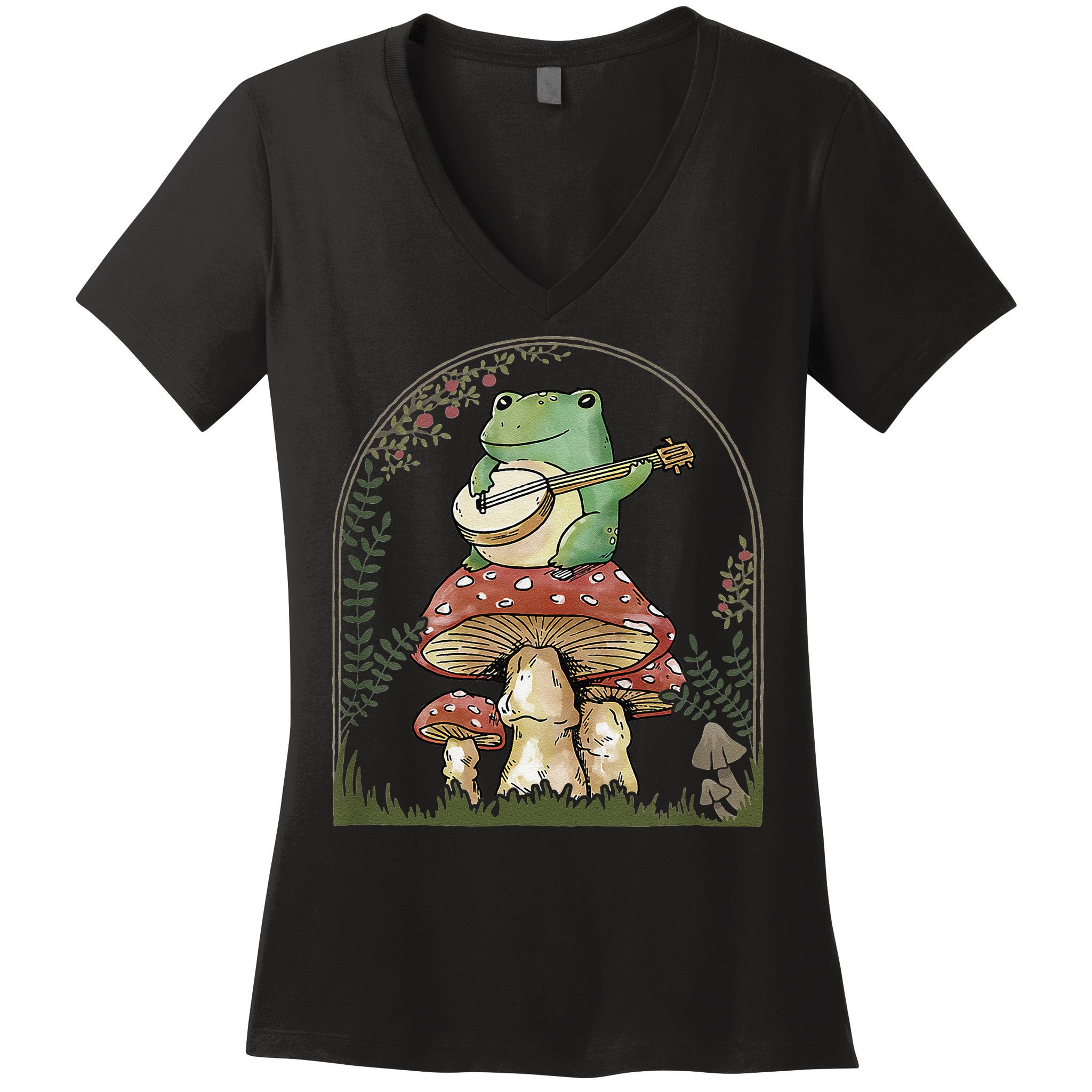Cottagecore Aesthetic Frog Playing Banjo on Mushroom Cute Women's V-Neck T-Shirt