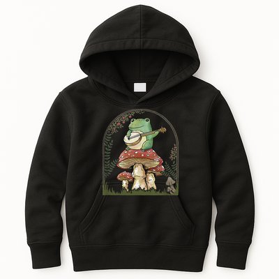 Cottagecore Aesthetic Frog Playing Banjo on Mushroom Cute Kids Hoodie