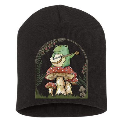 Cottagecore Aesthetic Frog Playing Banjo on Mushroom Cute Short Acrylic Beanie