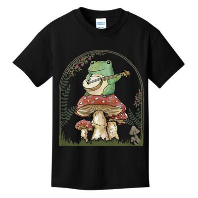 Cottagecore Aesthetic Frog Playing Banjo on Mushroom Cute Kids T-Shirt