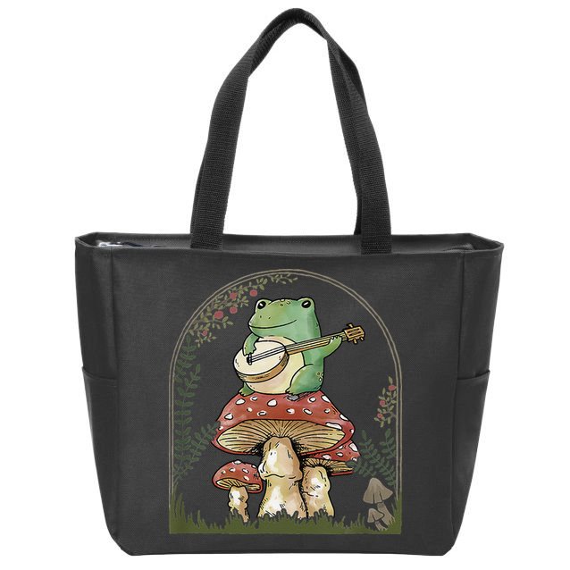 Cottagecore Aesthetic Frog Playing Banjo on Mushroom Cute Zip Tote Bag