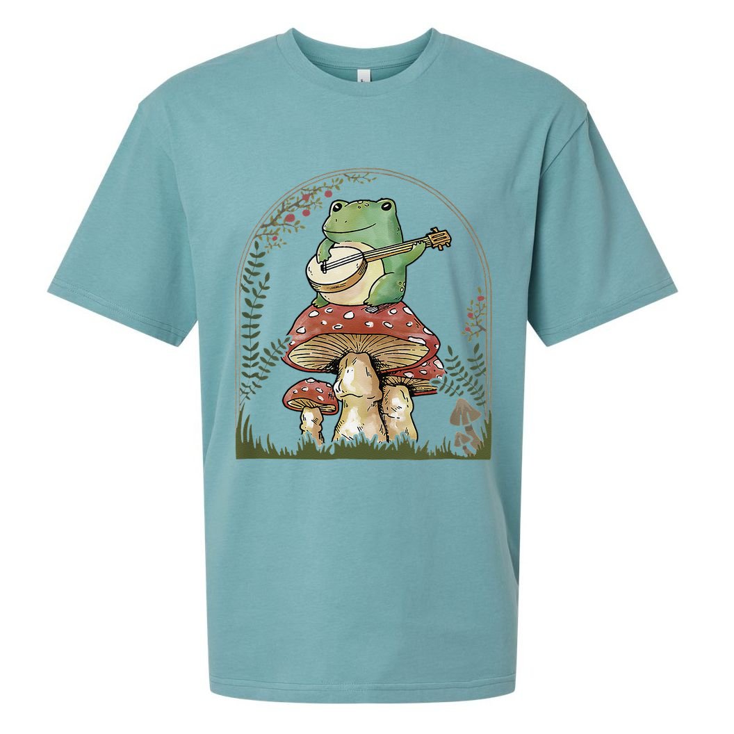 Cottagecore Aesthetic Frog Playing Banjo on Mushroom Cute Sueded Cloud Jersey T-Shirt