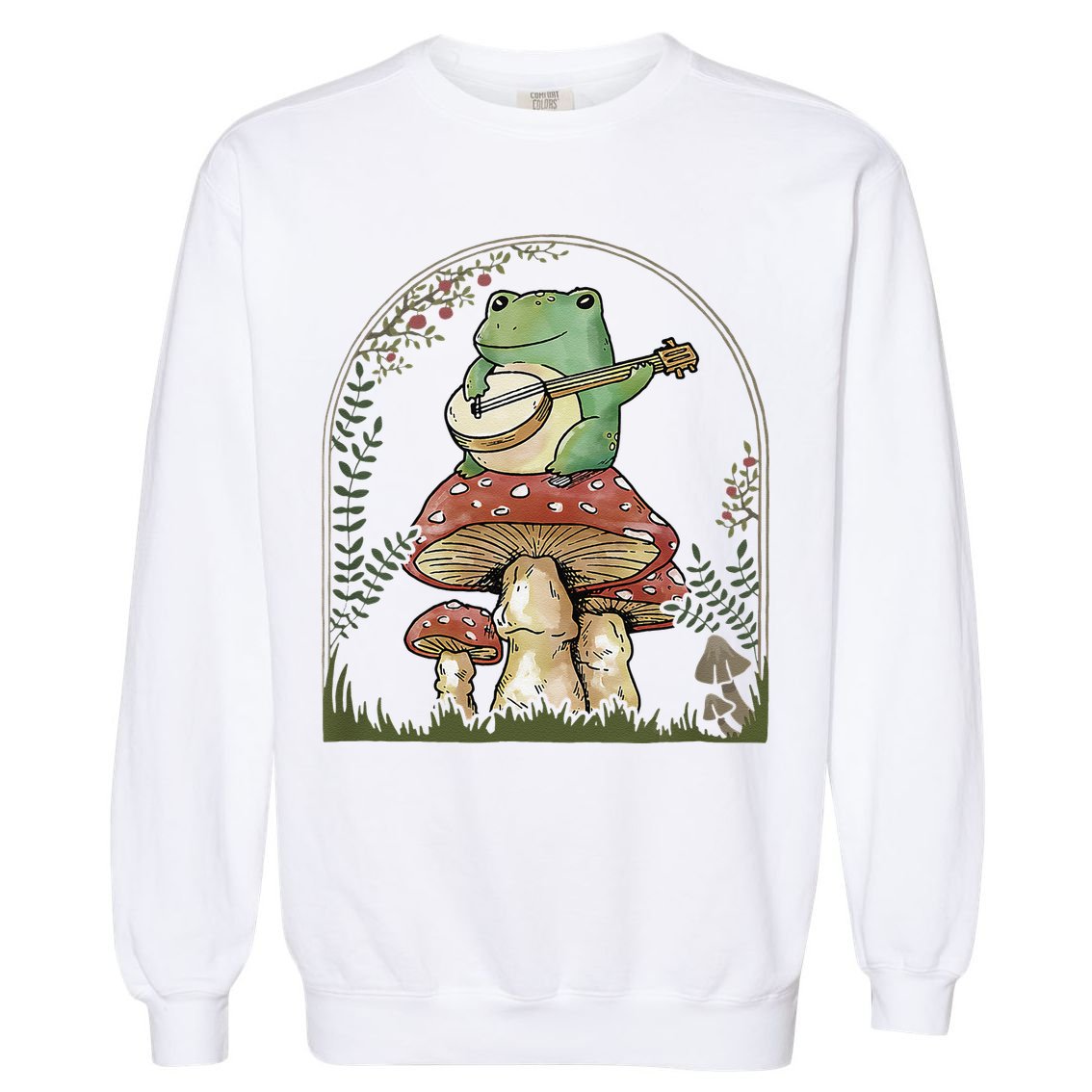 Cottagecore Aesthetic Frog Playing Banjo on Mushroom Cute Garment-Dyed Sweatshirt