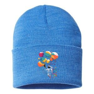 Cool Astronaut Flying With Balloon Planets Space Planets Gift Sustainable Knit Beanie