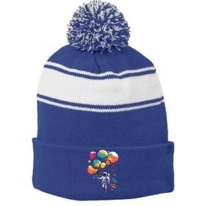 Cool Astronaut Flying With Balloon Planets Space Planets Gift Stripe Pom Pom Beanie