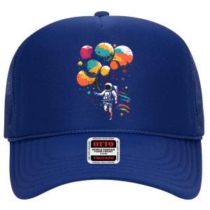 Cool Astronaut Flying With Balloon Planets Space Planets Gift High Crown Mesh Back Trucker Hat