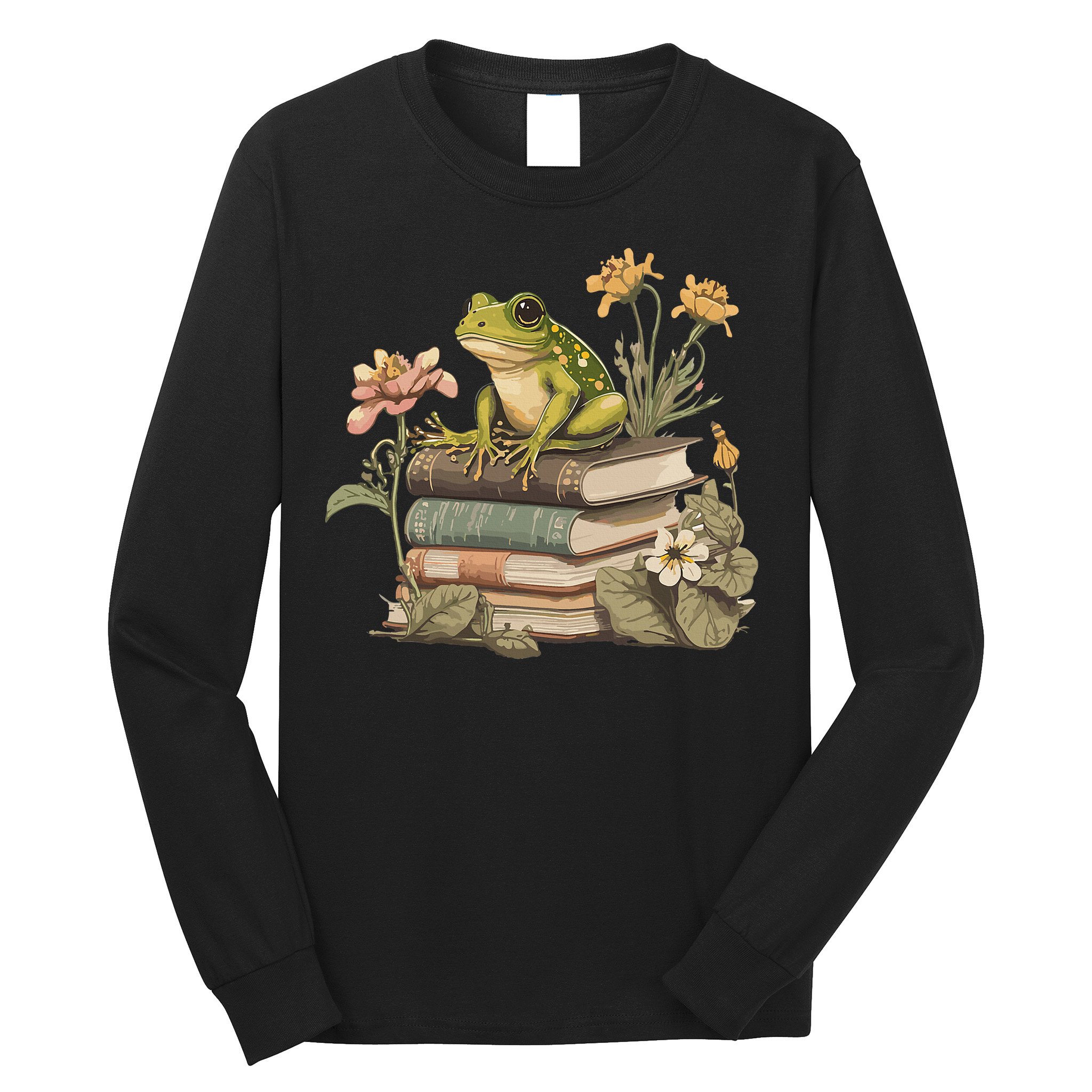 Cottagecore Aesthetic Frog Reading Book Mushroom Lover Long Sleeve Shirt