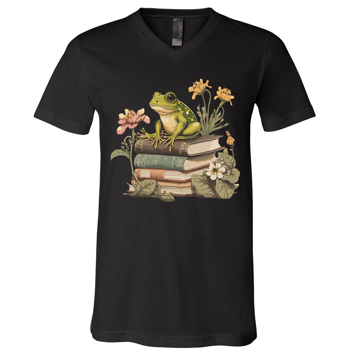 Cottagecore Aesthetic Frog Reading Book Mushroom Lover V-Neck T-Shirt