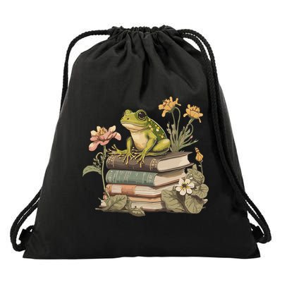 Cottagecore Aesthetic Frog Reading Book Mushroom Lover Drawstring Bag