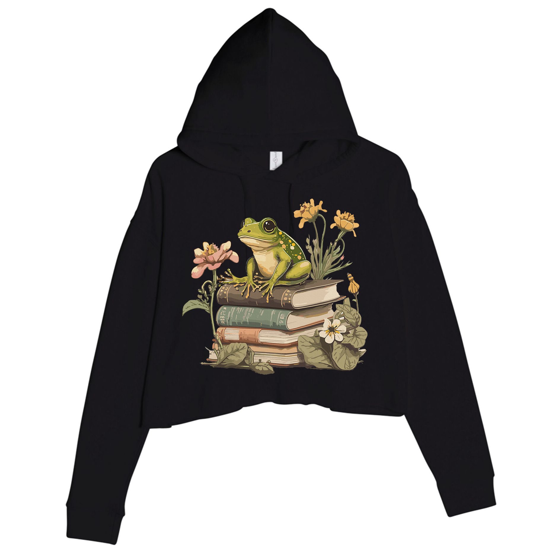 Cottagecore Aesthetic Frog Reading Book Mushroom Lover Crop Fleece Hoodie