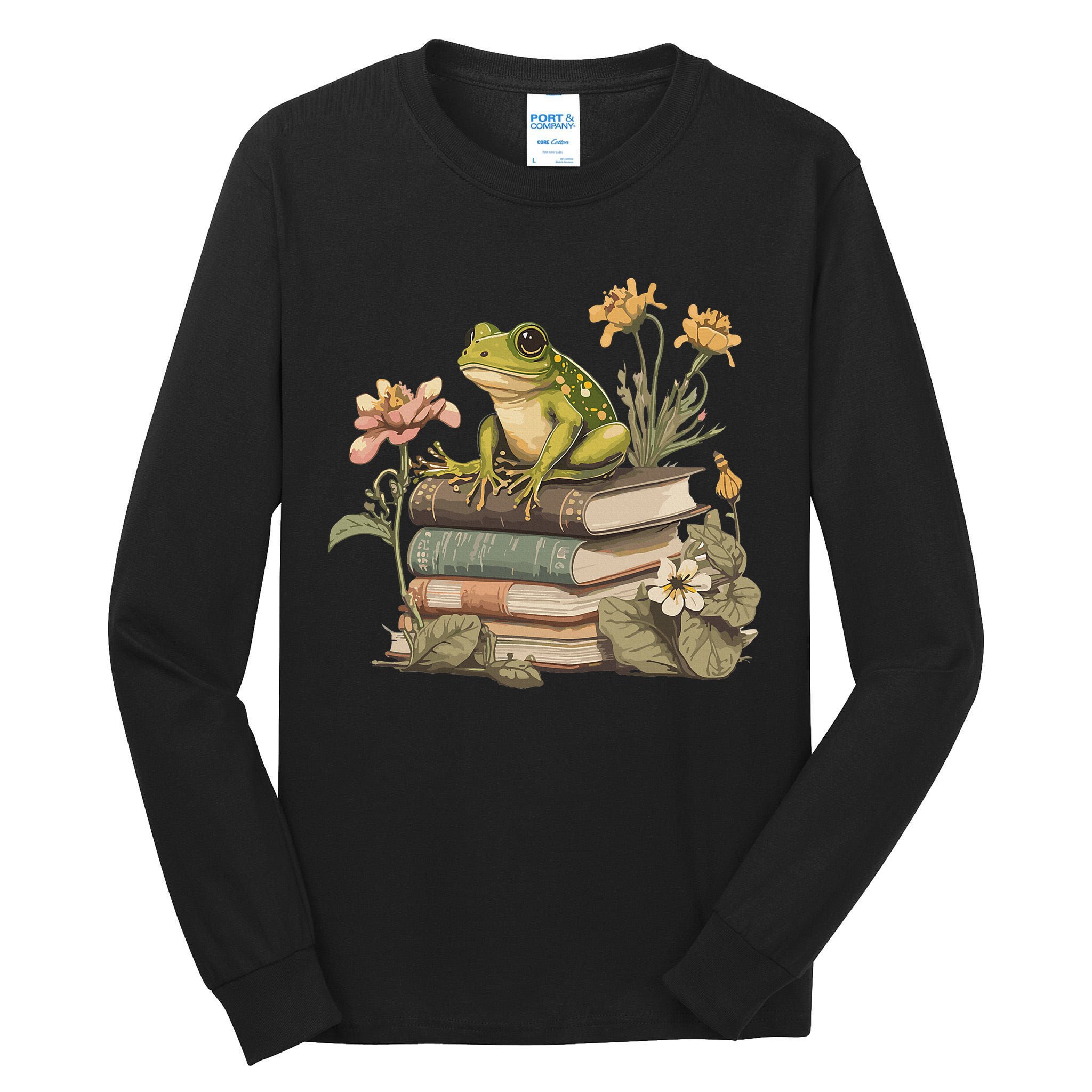 Cottagecore Aesthetic Frog Reading Book Mushroom Lover Tall Long Sleeve T-Shirt